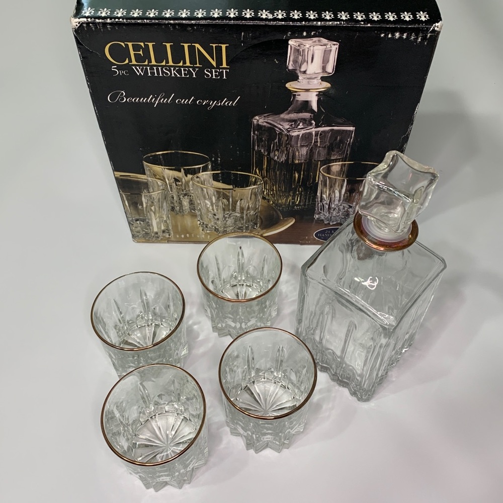 5pc Whiskey Decanter Set Cut Crystal by Cellini